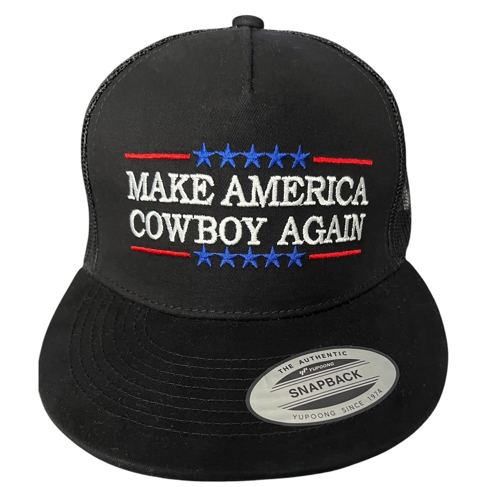 Yupoong Make America Cowboy Again Snapback Trucker Hat Black Mesh Cap